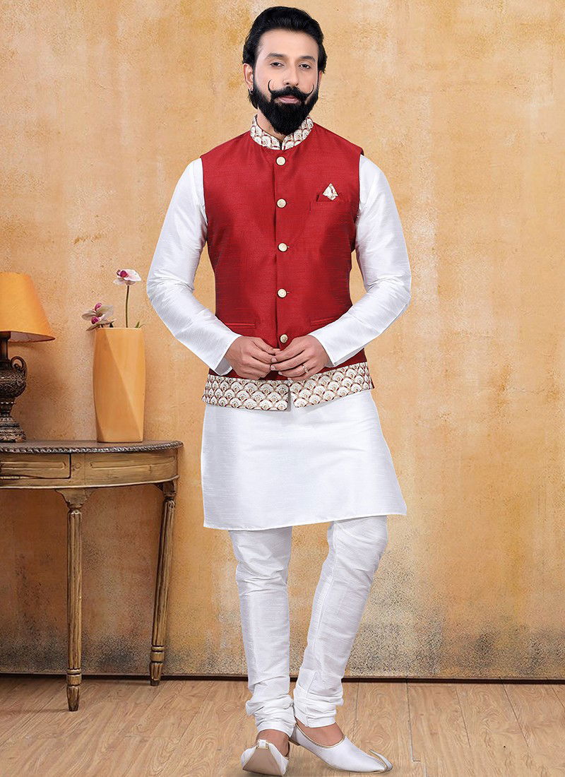 Red And White Exclusive Designer Silk Party Wear Kurta Pajama With Jacket Collection 1260